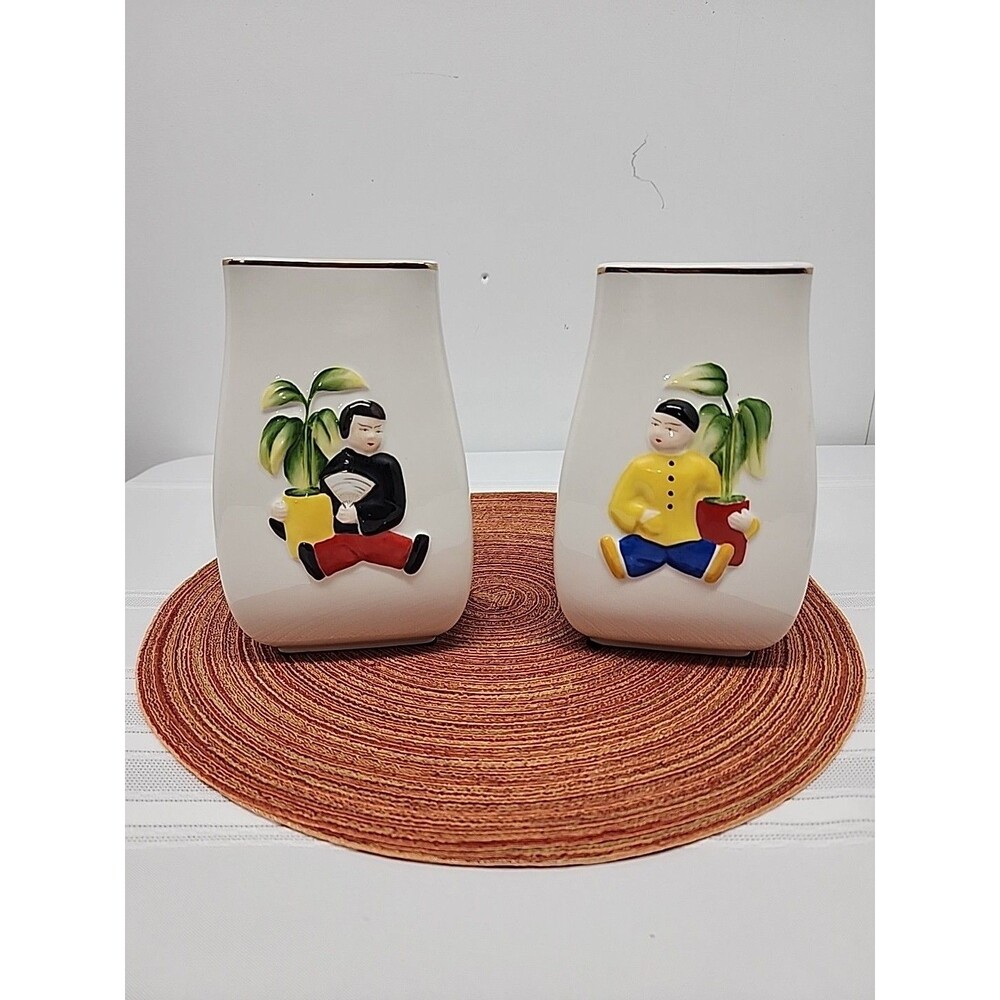 Vintage Royal Sealy Handpainted Vase/Planter Set Of 2 1950's Made In Japan Asian